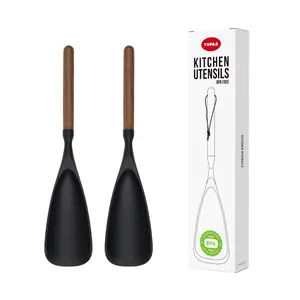 Cooking Spoon and Rice Scooper for Nonstick Cookwares,Great for Cooking and Serving Durable BPA-Free Matte Silicone, Wood Handle Spoon for Mixing,Scoop,and Scrape