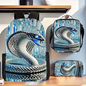 Back-to-school 3-piece snake-themed backpack, featuring adjustable shoulder straps, polyester lining, zipper closure, recommended hand wash, suitable for ages 18 and up - includes embroidery and printed details, ideal for travel use