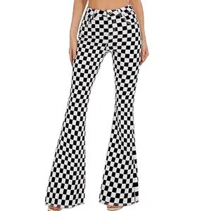 Odefou St. Patrick's Day Checkered Women’s Flare Jeans Spring Womeswear Stretchy Denim High Waist Plaid Bell Bottom Pants Football Game Outfit Slim Fit Retro Streetwear Y2K Party Casual Trouser Gifts for Wife