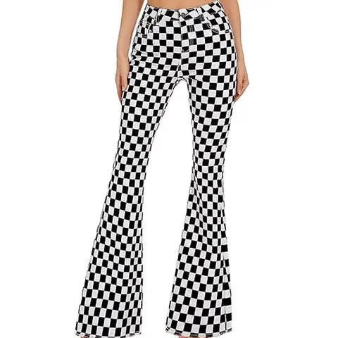 ODEFOU Football Fans Flared Jeans for Women High Waisted Checkered Bell-bottom Pants Stretchy Denim Trousers, Vintage Streetwear Fall Vibes Clothes, Ideal for Halloween, Game Day Outfits, Vacation Looks, Western Country Rodeo-Themed Party,Cowgirls Style