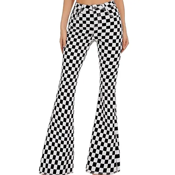ODEFOU Football Fans Flared Jeans for Women High Waisted Checkered Bell-bottom Pants Stretchy Denim Trousers, Vintage Streetwear Fall Vibes Clothes, Ideal for Halloween, Game Day Outfits, Vacation Looks, Western Country Rodeo-Themed Party,Cowgirls Style
