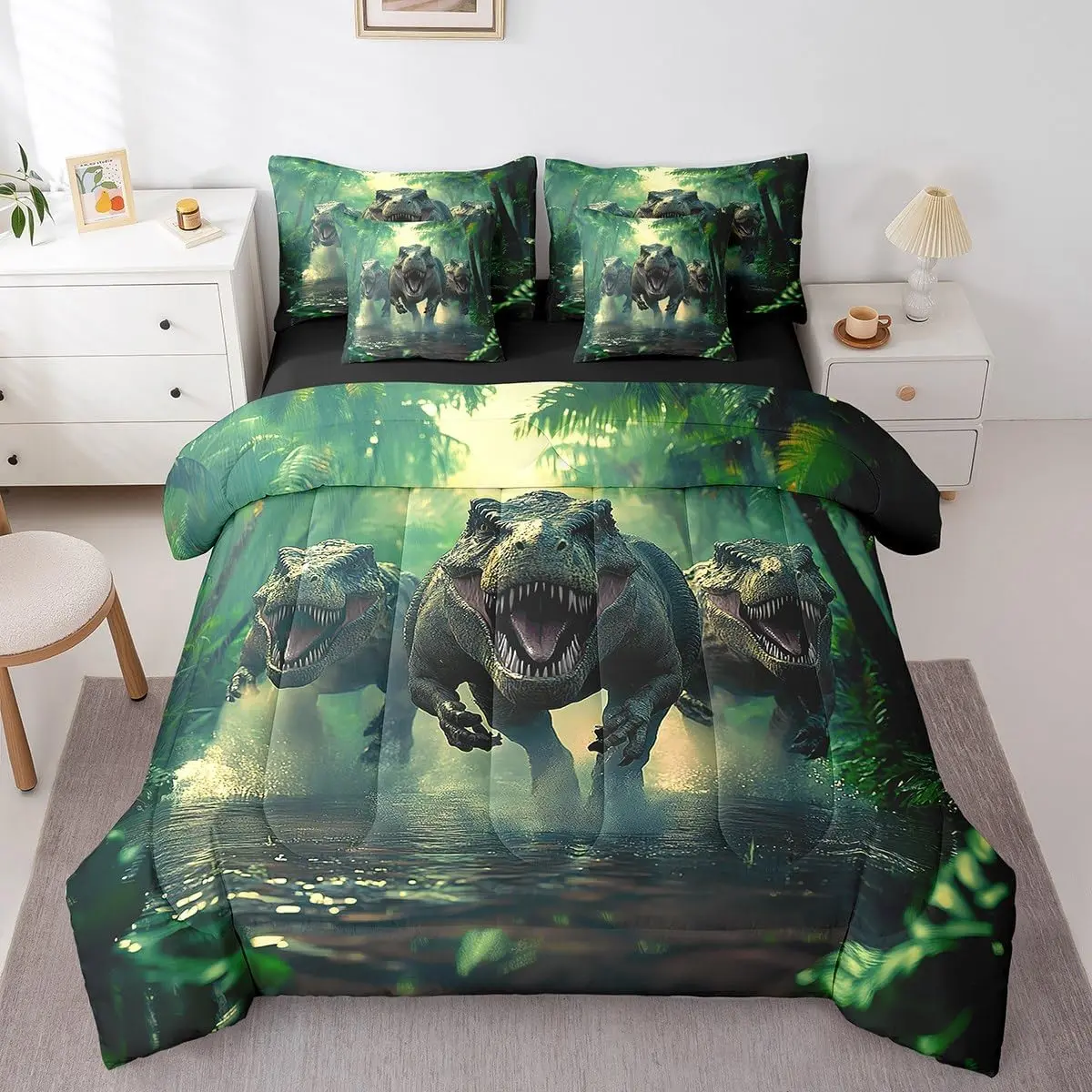 Feelyou 7-Pieces Cartoon Dinosaur Bedding Set - Decorative Collection with 3D Dino Print, Comforter, Sheet Set and Pillowcases for Jungle-Themed Decor, Decorative Bedding Set
