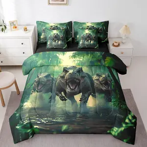 Cartoon Dinosaur Bed Set,Includes Comforter,Sheet Set,Pillowcases & Pillow Covers,3D Dino Print 7 Piece Bedding Set,Decor Jungle Dino Comforter Sets