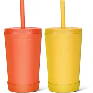 Wheat Straw Cups with  and  Straws, 10 Oz Chip Resistant Dishwasher/Microwave Safe,  Cups Built In Straw Stoppers, Smoothies Cup +Straw Cleaner