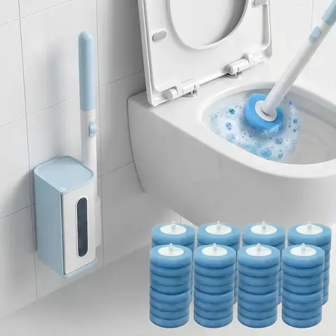 Disposable Toilet Brush Cleaning System with 56 Detergent Refills Hygienic Replaceable Brush Heads Wall-Mounted Rotating Holder Set for Bathroom Maintenance