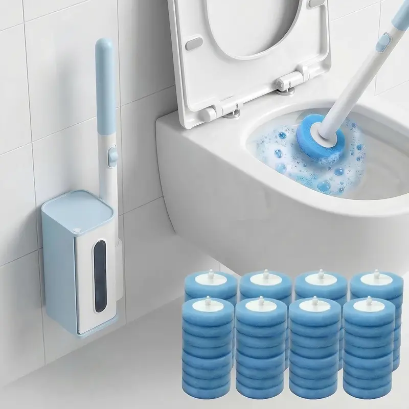 Disposable Toilet Brush Cleaning System with 56 Detergent Refills Hygienic Replaceable Brush Heads Wall-Mounted Rotating Holder Set for Bathroom Maintenance