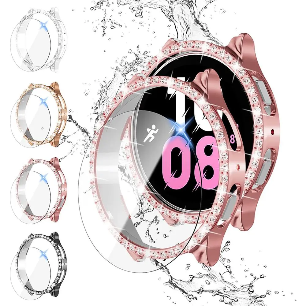 Women Men Rhinestone Decor Anti-fall Smart Watch Case & Screen Tempered Film (4 Counts) Watch Protector, Compatible With Samsung Galaxy Watch Case 40mm/44mm, Galaxy Watch 4/5 Smartwatch Accessories Wearable Accessories