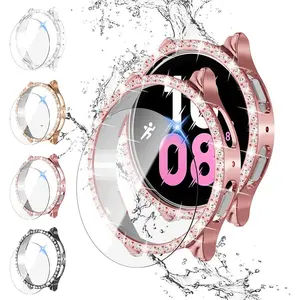 Women Men Rhinestone Decor Anti-fall Smart Watch Case & Screen Tempered Film (4 Counts) Watch Protector, Compatible With Samsung Galaxy Watch Case 40mm/44mm, Galaxy Watch 4/5