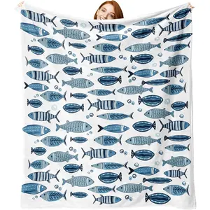 Coastal Blue Fish Theme Flannel Throw Blanket, Sea Ocean Birthday Gifts for Adults Kids Men Women, Beach Nautical Soft Blankets for Bedding Sofa 50" x 60"