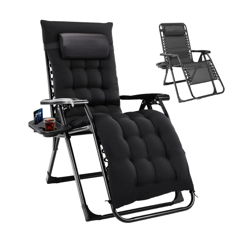 Zero Gravity Lounge Chair, Heavy-Duty Folding Recliner for Patio & Lawn with Adjustable Backrest, Detachable Cushion, Headrest Pillow & Side Tray,Black