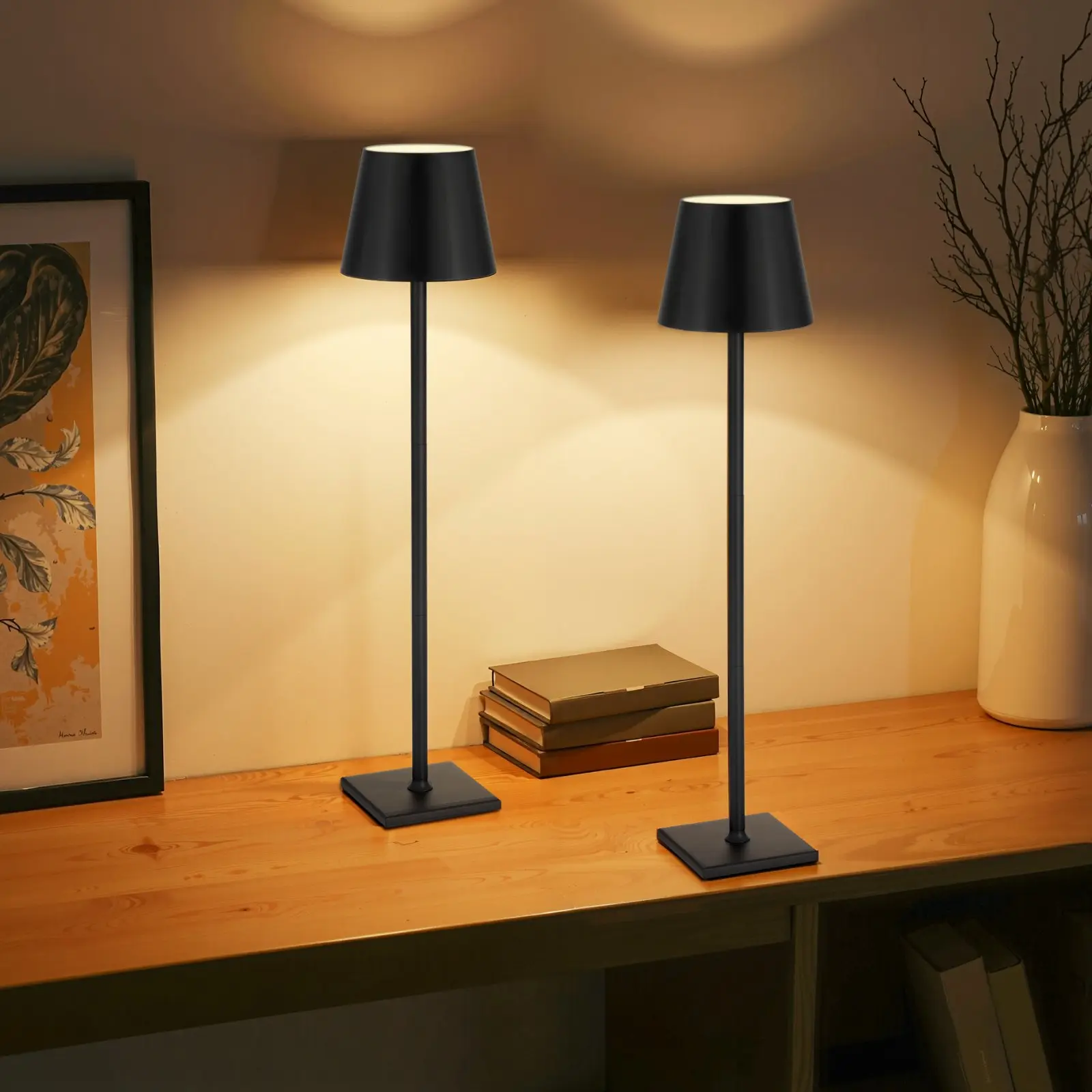 VEVOR 2-Pack Wireless LED Table Lamps, 5200mAh Rechargeable Battery Desk Lamps with Aluminum Build, 4.3x4.3x15in, Stepless Dimming, 3 Adjustable Heights, Detachable Lampshade, Touch Control, Modern Design for Bedroom, Black