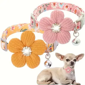 Cute Rhinestone Floral Pet Collar, Soft Adjustable Polyester Collar with Detachable Bell for Kittens & Small Dogs