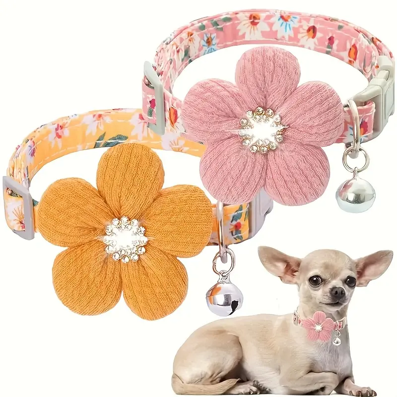 Cute Rhinestone Floral Pet Collar, Soft Adjustable Polyester Collar with Detachable Bell for Kittens, Puppy & Small Dogs