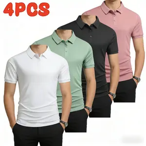 Four solid-color men’s polo shirts in a business-casual style featuring a classic turn-down collar design with refined button detailing. Short sleeves offer a versatile fit for multiple seasons, while the smooth, drapey fabric resists wrinkles. A slim sil