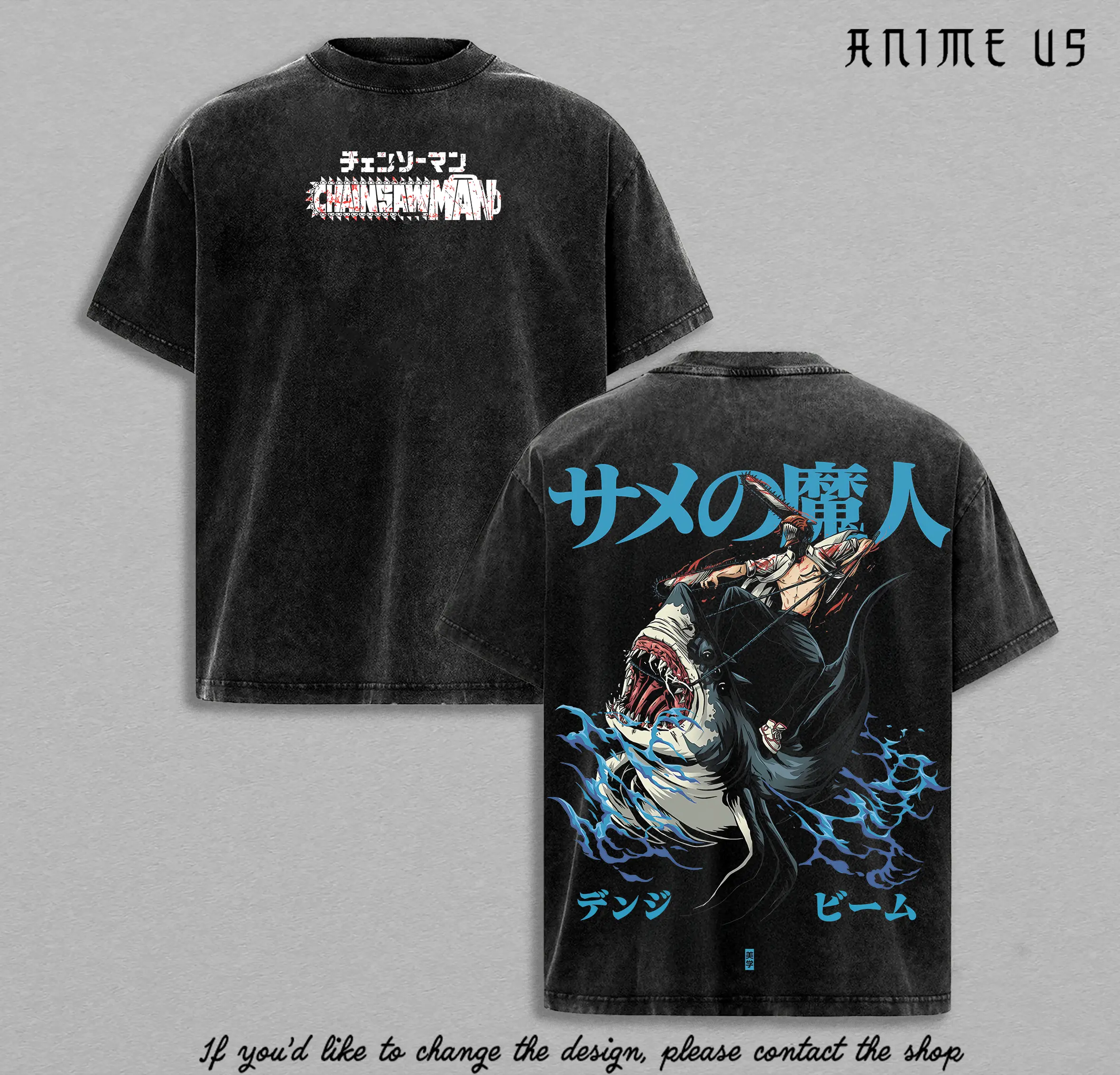 Chainsaw Man Vintage Washed Anime T-Shirt | Denji & Beam Shark Fiend Graphic Tee | Oversized Streetwear Shirt | Heavy Cotton Retro Manga Gift for Chainsaw Man Fans