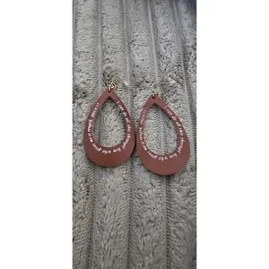 Faux Leather Teardrop Earrings, Brown Christian Graphic Earrings with Bible Quote Statement, Brown Earrings
