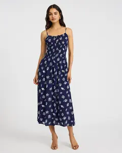Express Seashell Print Scoop Neck Smocked Midi Dress