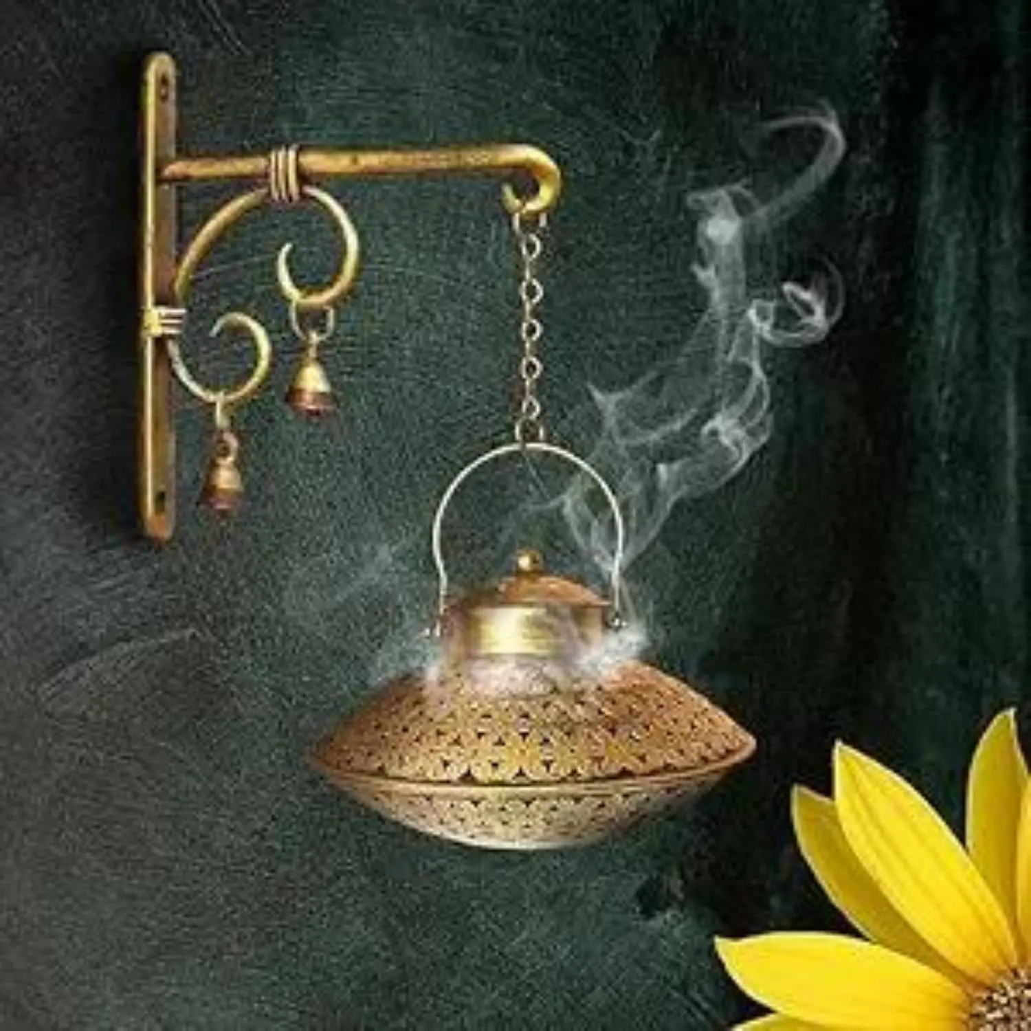 Elegant Handmade Hanging Incense Burner Holder with Brass Bells - Antique Home Fragrance Supply for Indoor Charcoal Burning, Spiritual Connection Wall Decor, Birthday Gift, Indoors
