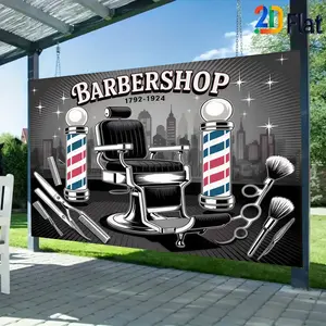 2D Flat 1pc Banner Wall Decor, featuring a barber shop logo style, made of durable and washable polyester with digital printing, suitable for barber shop opening decorations, available in multiple sizes
