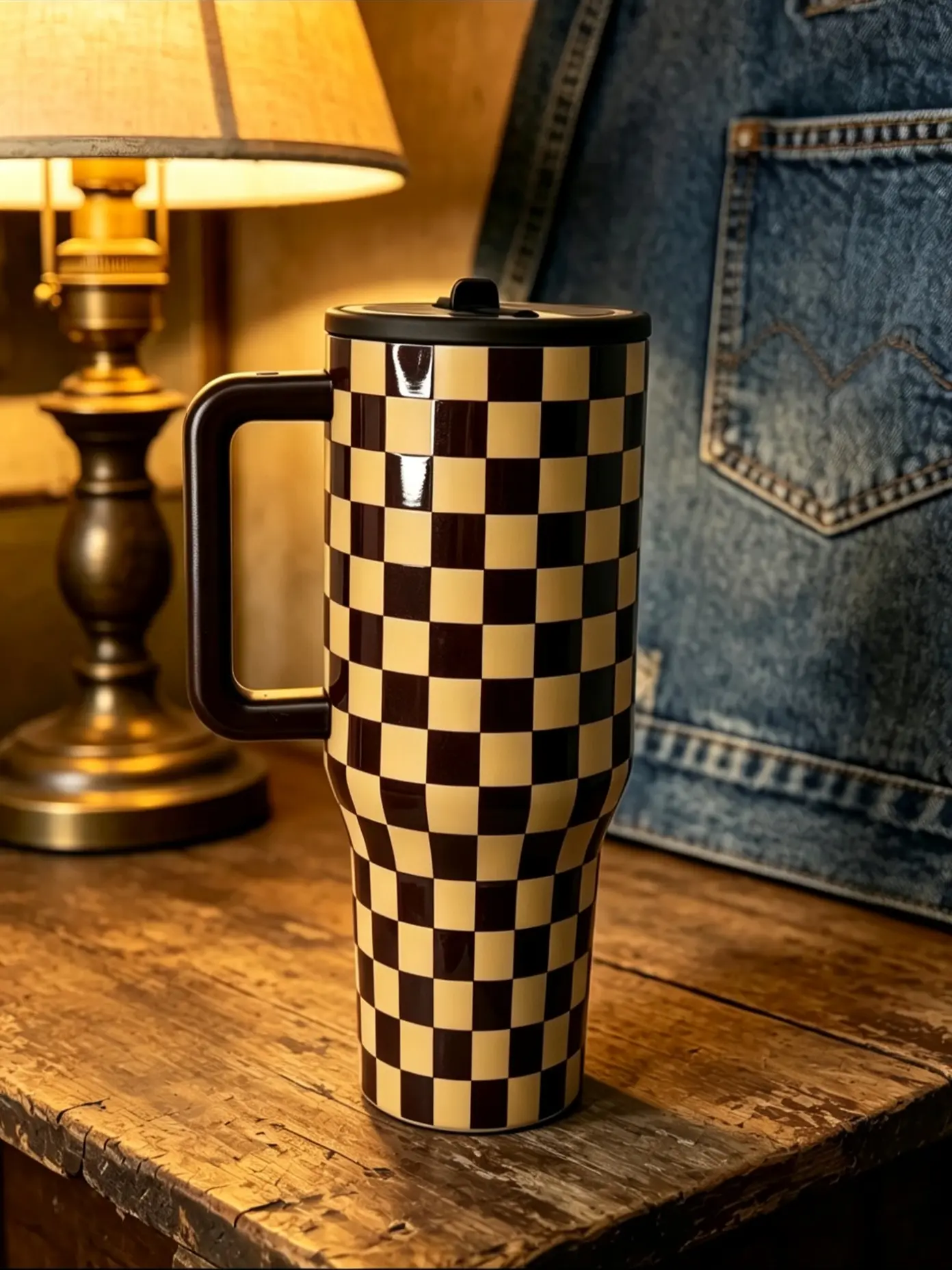 HydroJug 40oz Stainless Steel Insulated Vacuum Flask Bottles  |  Brown Checkered Handle Drinkwarer  | 24H Cold Retentionr  | Car Cup Holder-Friendly Sports Coffee Tumbler  Lightweight Stylish Kitchenware DrinkwareCup Holder Friendly, Brown Tumbler Mug
