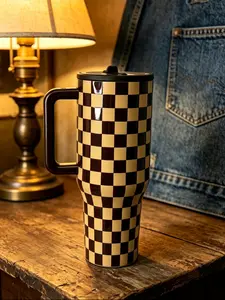 HydroJug 40oz Stainless Steel Insulated Vacuum Flask Bottles  |  Brown Checkered Handle Drinkwarer  | 24H Cold Retentionr  | Car Cup Holder-Friendly Sports Coffee Tumbler  Lightweight Stylish Kitchenware DrinkwareCup Holder Friendly, Brown Tumbler Mug