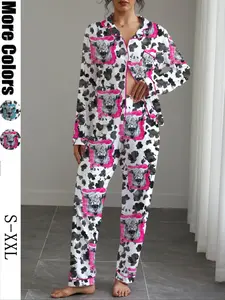 Women's Casual All-Over Print Pajama Set Loungewear, Long Sleeve Button Front Top & Elastic Pants, Soft Stretchy Fabric, Perfect for Home & Outdoor Wear
