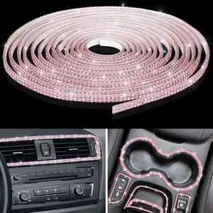 16.4Ft Bling Car Trim Self Adhesive Glitter Crystal Rhinestone Car Interior Exterior Accessories for Women DIY Line Molding Stickers for Auto Dashboard Diamond Ribbon Strips Decor (Pink)