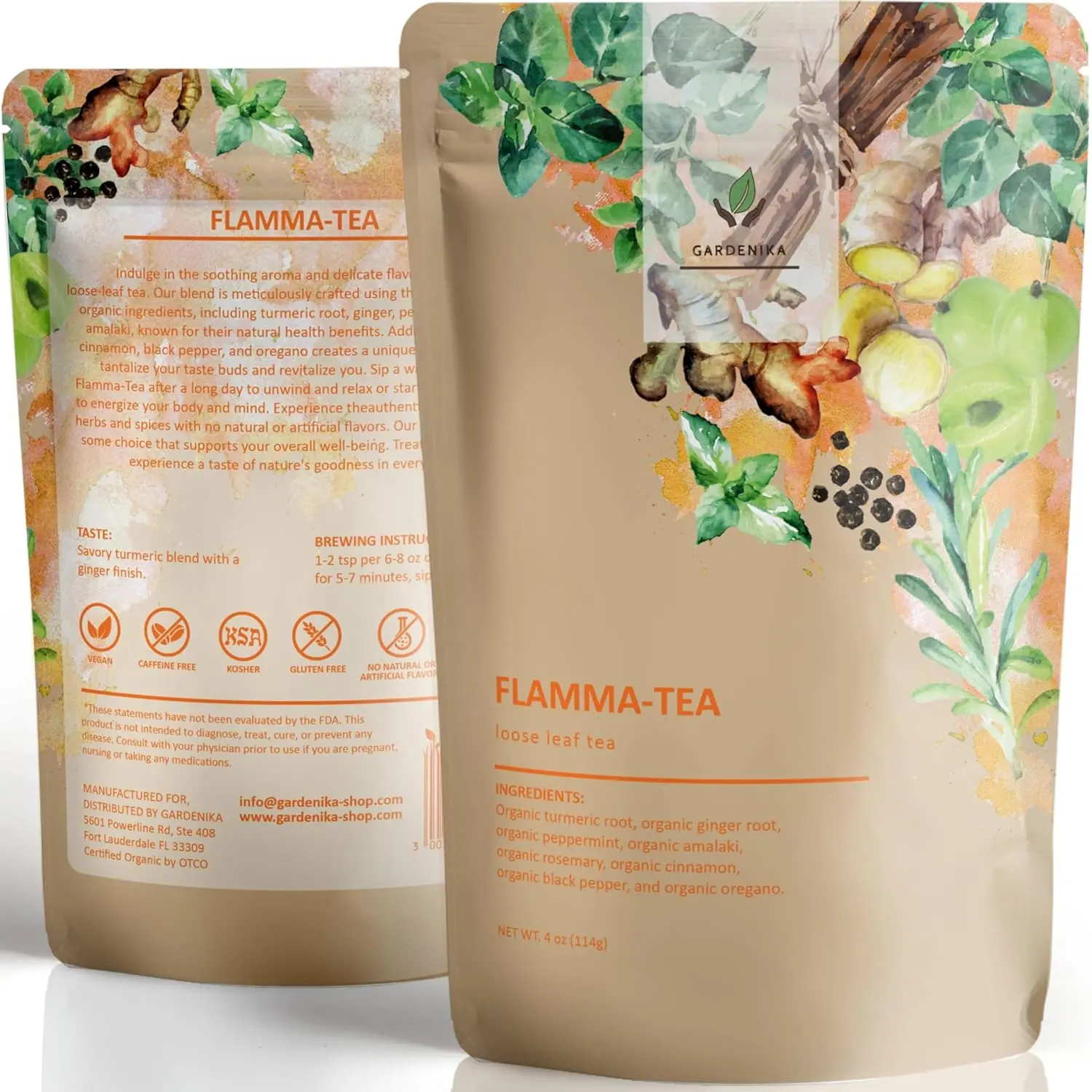 Gardenika Organic Flamma-Tea Loose Leaf Herbal Tea, Turmeric Ginger Blend with Cinnamon, Peppermint & Black Pepper, Caffeine Free, 100% Natural, 4oz