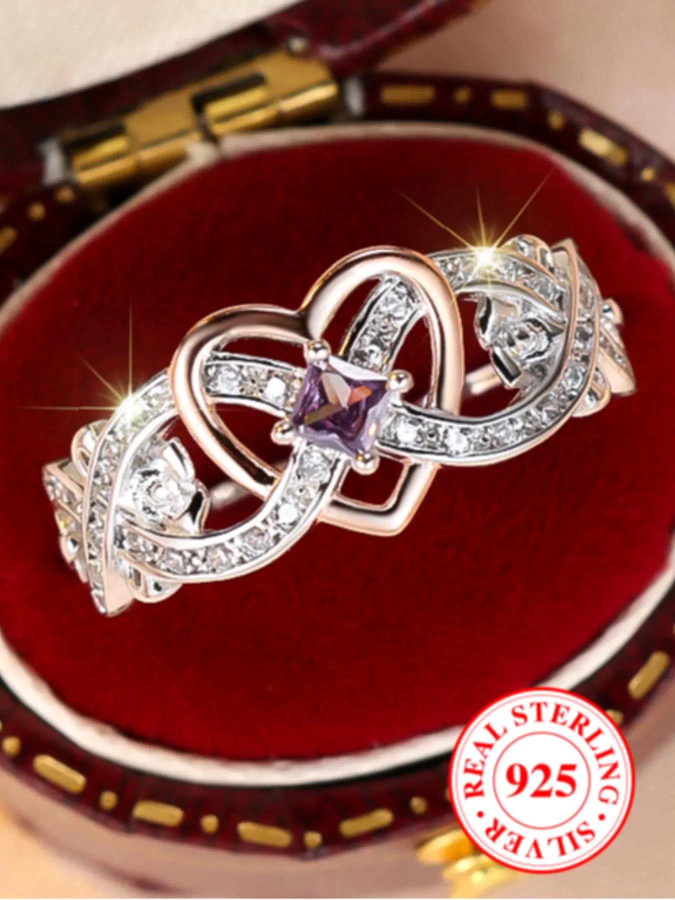 S925 Sterling Silver Elegant Rhinestone Decorated Statement Ring, Fashion Heart Rings Accessories for Women & Girls, Trendy All-match & Exquisite Jewelry for Birthday Gift