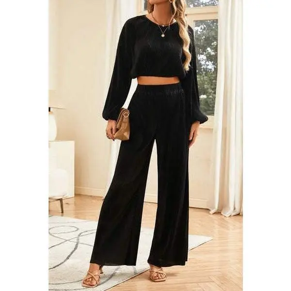 Round Neck Balloon Sleeves Top and Pants Set