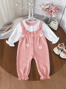 Girl's Sweet Summer Floral Two-Piece Romper, Toddler Outfit, Cute Little Girl Style, 3D Embroidered Floral Romper with Lace Ruffle Collar + Pleated Sleeve + Snap Closure, Perfect for Valentine's Day Gifts, Suitable for First Birthday Parties