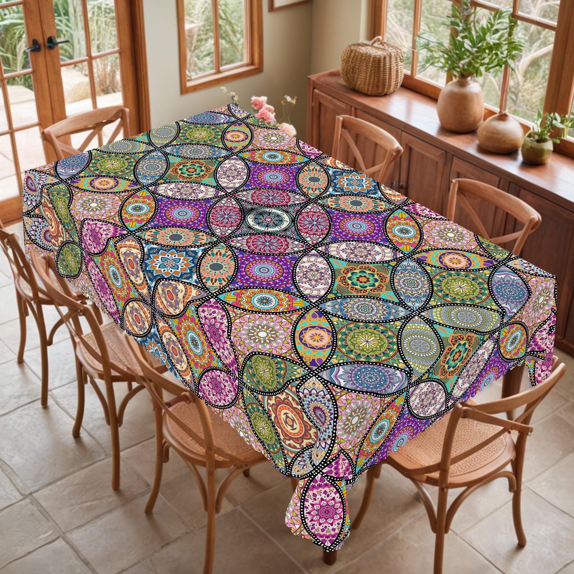 PLUMLIK Vibrant Boho Tablecloth, Colorful Retro Bohemian Round Rectangle Tablecloth, Exotic Style Decoration for Outdoor Indoor, Suitable for  Farmhouse Courtyard Thanksgiving Day Christmas Party, Daily Holiday Kitchen Restaurants, Home Dorm Accessories