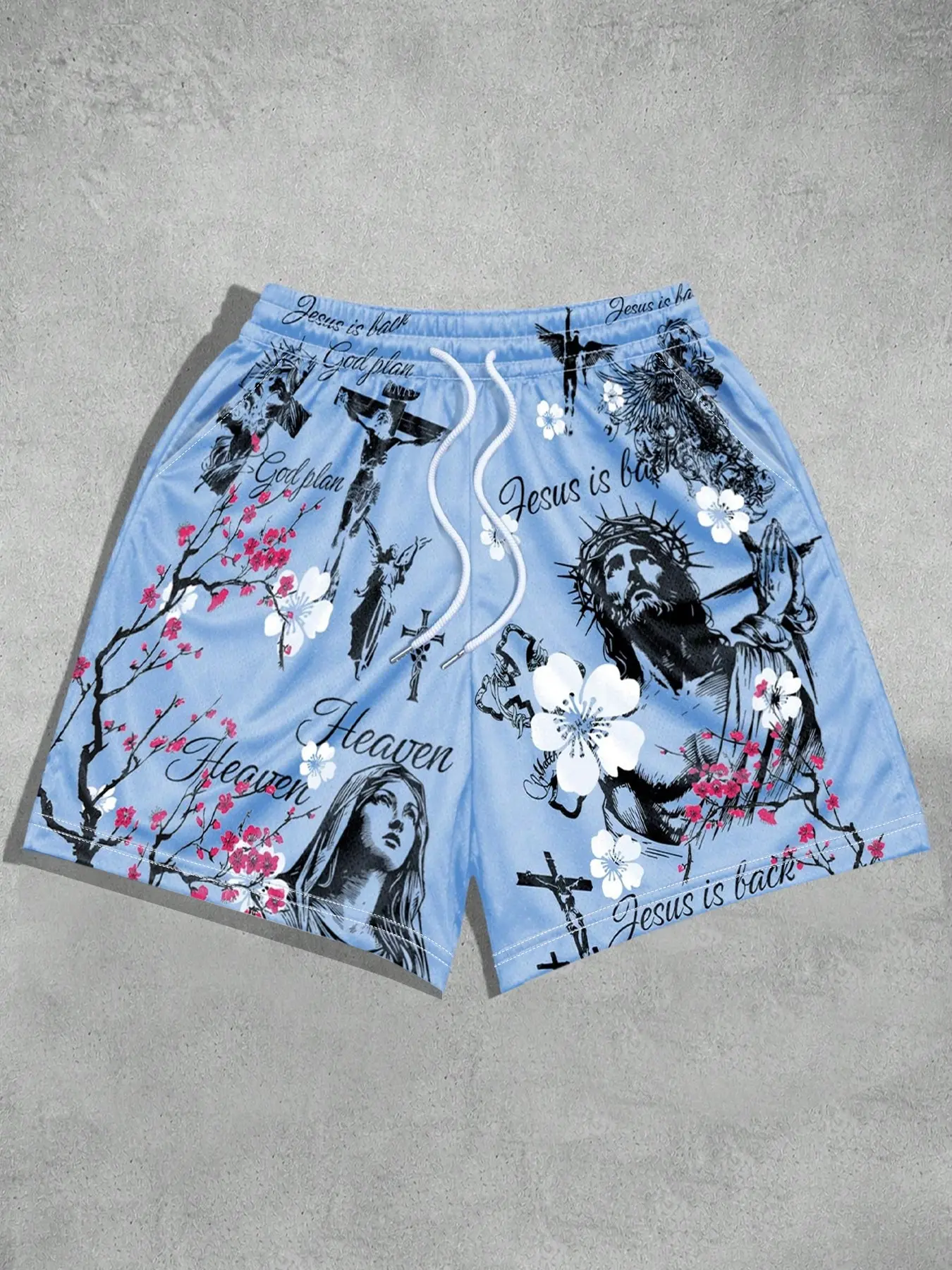 1 Piece Men's Casual Breathable Elastic Shorts Vintage Religious Jesus Cherry Blossom Graphic Print Elastic Drawstring Waist Streetwear Shorts Athleisure Shorts for Daily Beach Gym Activities