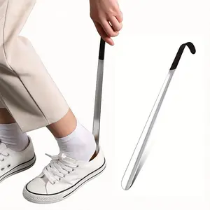 Extra-long, high-quality stainless steel shoe pull with leather handle — thickened, durable metal casing; suitable for putting on and taking off shoes