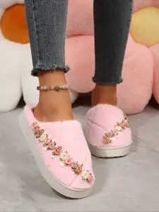 Women's Comfortable Floral Indoor Slippers, Soft Warm Home Shoes with Cute Rose Decoration, Non-Slip Casual Bedroom Footwear