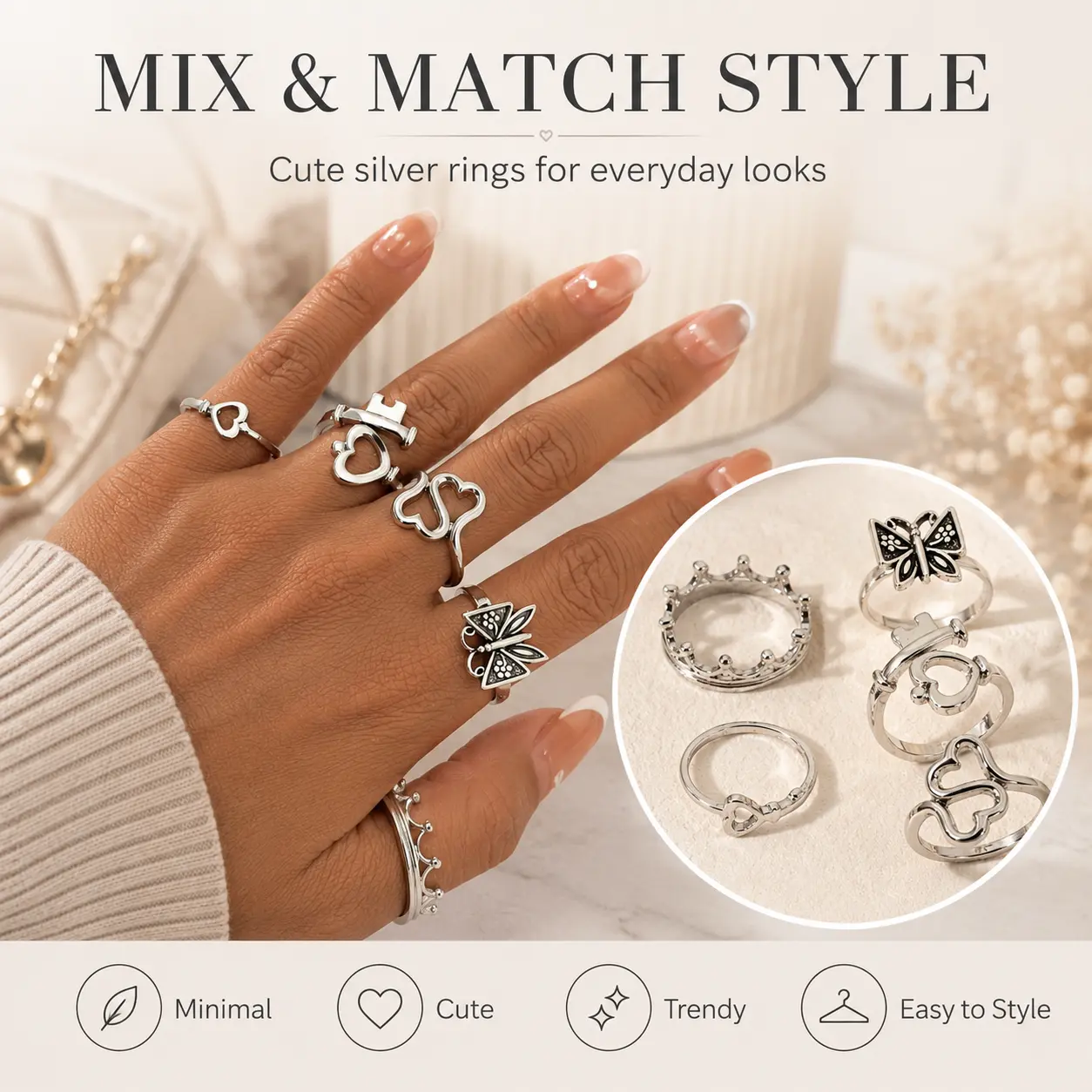 [Back to School] Gift Women's Fashion Jewelry Set, Fashionable Jewelry, Heart Key Butterfly Design Rings, Dainty Stacking Rings, Stackable Rings, Adjustable Rings, Interlocked Stackable Rings, Beautiful Rings, Perfect Gift for Women -MM2