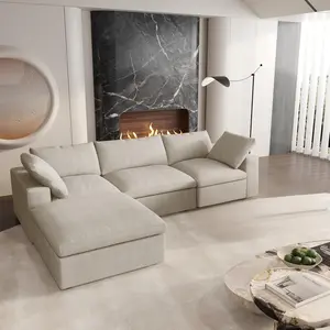 104 Inch Living Room Sectional Sofa/Modular Convertible U-Shaped Sofa, 4 Seater Simple Wide and Deep Seating Set (Khaki, 4 Seaters)