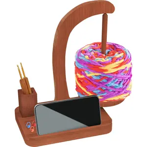 Upgraded Yarn Holder for Crocheting and Knitting, Rotating Mechanism Yarn Spinner with Crochet Accessories Storage and Phone Stand,Wooden Yarn Ball Holder Crochet  for Knitting Lovers