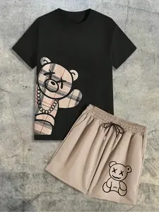 Men's Checkered Bear Pattern Short Sleeve T-Shirt Tee and Drawstring Waist Shorts Set, Outfit, Summer Casual Fashion for Sports and Outdoor Activities, Tops