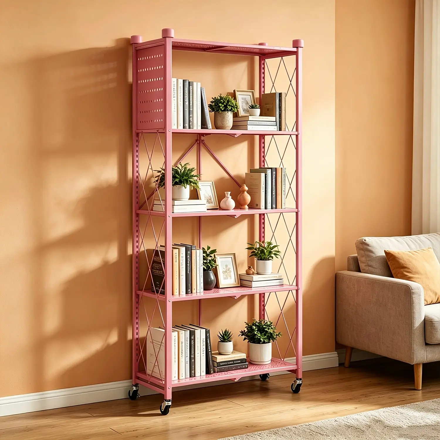 1pc Foldable Heavy-Duty 2/3/4/5-Tier Storage Rack with Casters, No Assembly Required, Space-Saving, Practical, Versatile for Office And Bookshelf Organization - Ideal for Folding And Storing Items