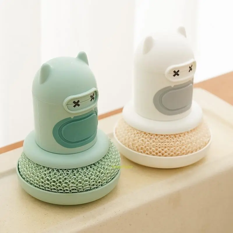 Handheld Cute Cartoon-Style Pot & Pan Brush - Press-Type Cleaning Tool with Automatic Liquid Dispensing, Built-In Tank, Dense Tough Bristles for Sports Water Bottle Stain Removal