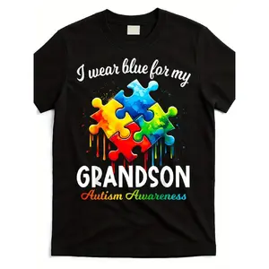 Autism Awareness "I Wear Blue For My Grandson" Puzzle Piece Graphic T-Shirt - Grandma & Grandpa Supportive Design, Unisex Adult Short Sleeve Round Neck Heavyweight Tee, All-Season For Autism Acceptance & Sensory-Friendly Casual Wear