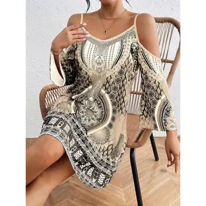 [Vintage Boho Print Dress] Vintage Boho Print Polyester Mid-Length Dress - Women's Elegant Strapless Casual Beach Slip - 100% Polyester, 120g/m² Woven Fabric, Spring/Summer Collection