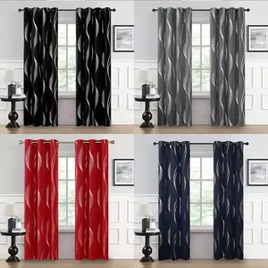 2 pieces, red striped curtains, black semi blackout curtains, decorative semi blackout curtains, high-precision semi blackout curtains, durable curtains, silver wave printed curtains, striped silver foil semi blackout curtains, Window Curtain