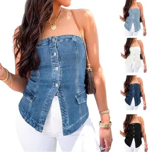Imily Bela Womens Strapless Denim Vest Summer Button Down Jean Tube Tops Y2k Going Out Fitted Bandeau Shirts Waistcoat