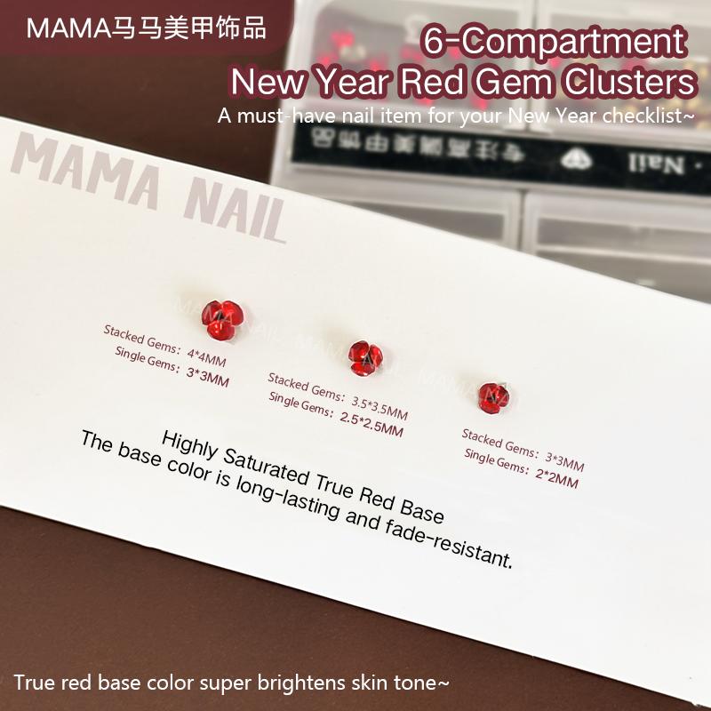 Spring Nails 2026 | 6-Compartment Red Gem Clusters, Highly Saturated True Red Stacked Nail Rhinestones for DIY Manicure & Nail Art