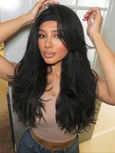 Long Layered Yaki Headband Wig, Kinky Straight Synthetic Wig with Curly Ends, Glueless Half Wig with Headbands Attached, Soft Synthetic Hair