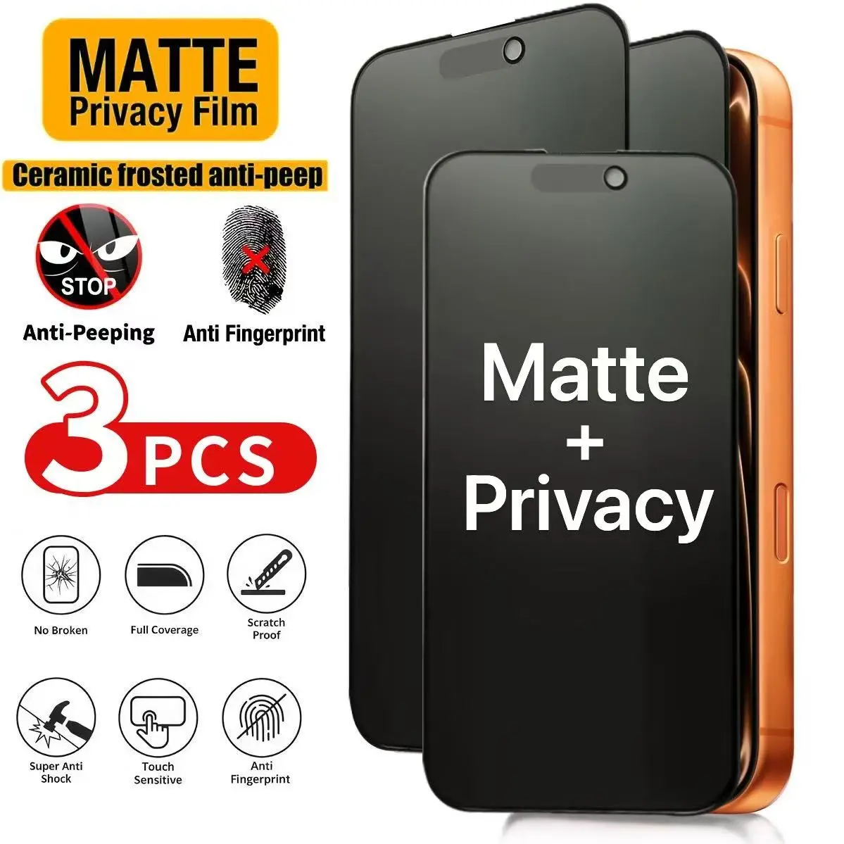 3-Pack Full Screen Matte Anti Spy Privacy Ceramic Screen Protector, Compatible with iPhone 17 Pro Max/17e/17 Air/16 Series, Anti-Fingerprint, Non-Glass