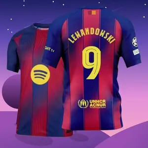 25 26 Home Red And Blue 9# Robert Lewandowski Short Sleeve Soccer Jersey Fans Version F