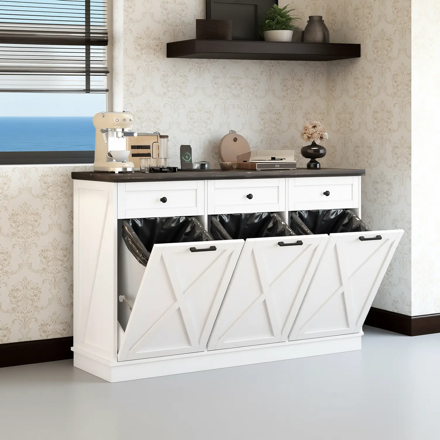 Triple Tilt Out Trash Can Cabinet, Wooden Hideaway Kitchen Garbage Recycling Cabinet with Drawer and Power Outlet, Freestanding Mobile Laundry Hamper Pet Proof Design for Kitchen Laundry Room